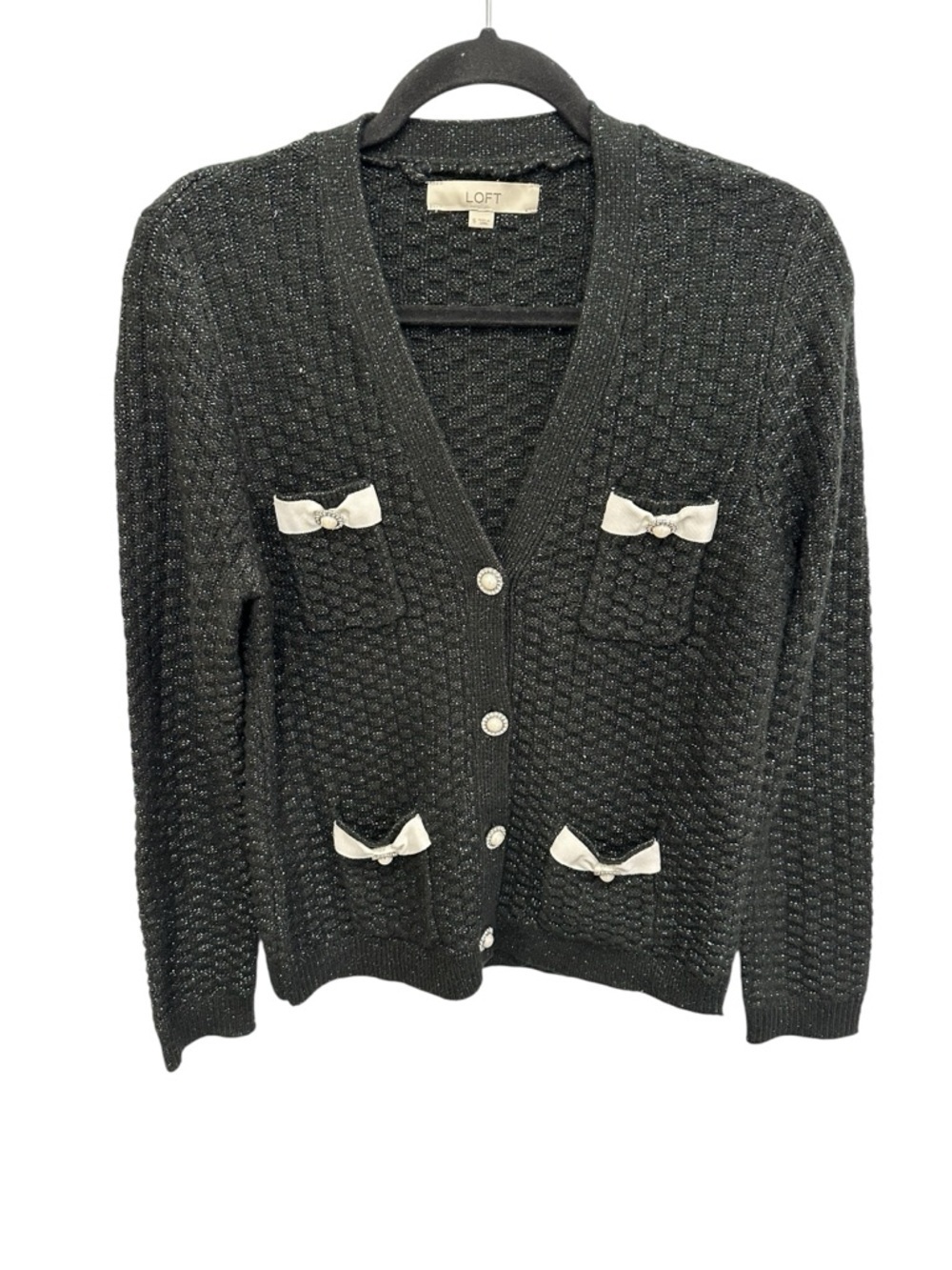 LOFT black metallic textured knit cardigan with white bows and jeweled buttons S